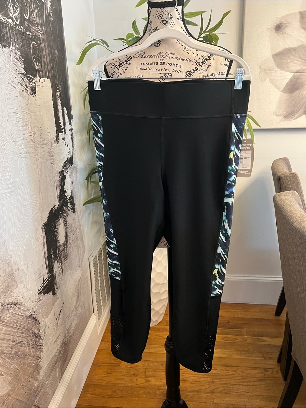 Black Capri Leggings with Blue Print Side Panels